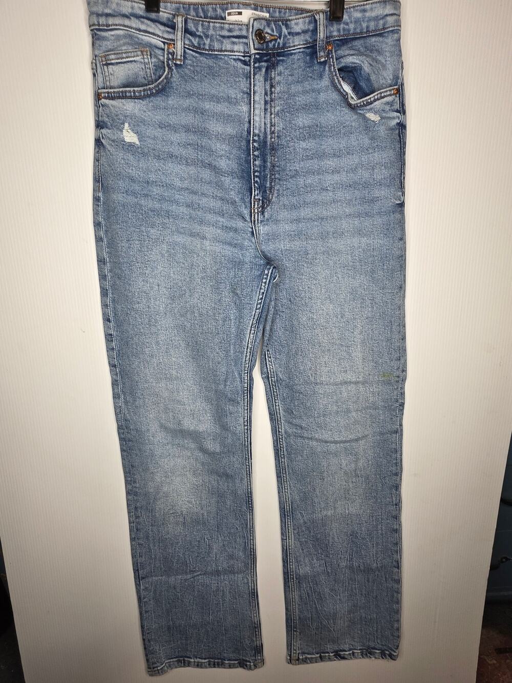 Bershka Size 10 (EUR 42) Straight Slim Light Wash Distressed Denim Jeans